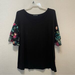 Kim & Cami Jersey Knit Top Womens 1X Black 3/4 Flutter Embroidered Lace Sleeves